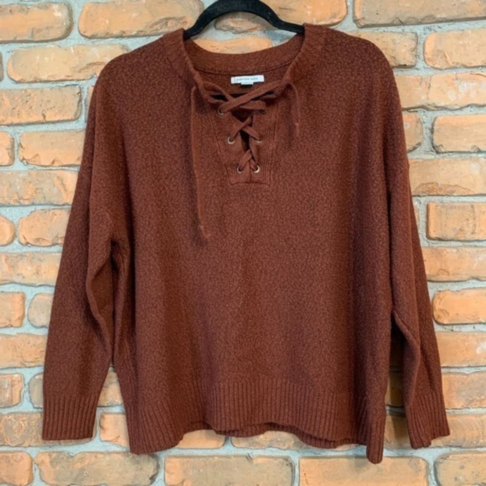 American Eagle Womens Rust Brown Lace Up V-Neck Knit Sweater XS Boho